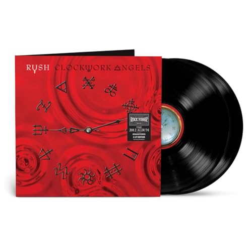 Rush’s “Clockwork Angels” vinyl record with red cover and clock imagery.