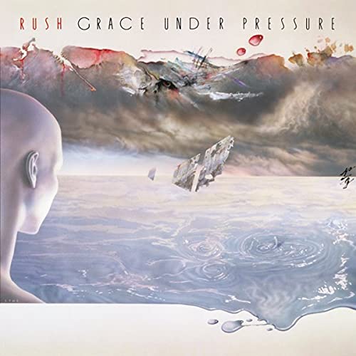 Rush album cover, "Grace Under Pressure," with abstract art and water.
