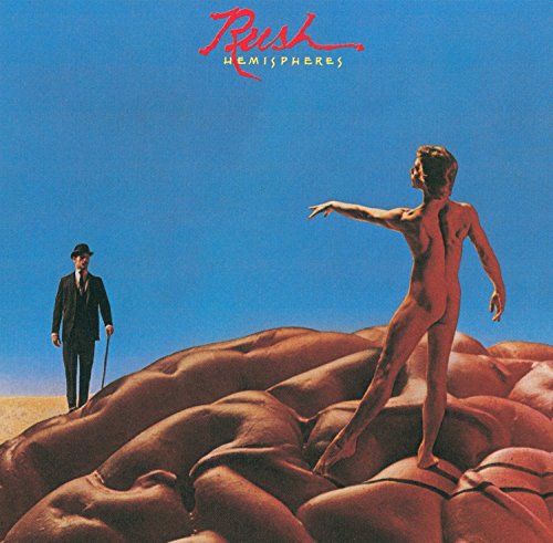 Rush’s “Hemispheres” album cover: two men on a textured, brain-like landscape.