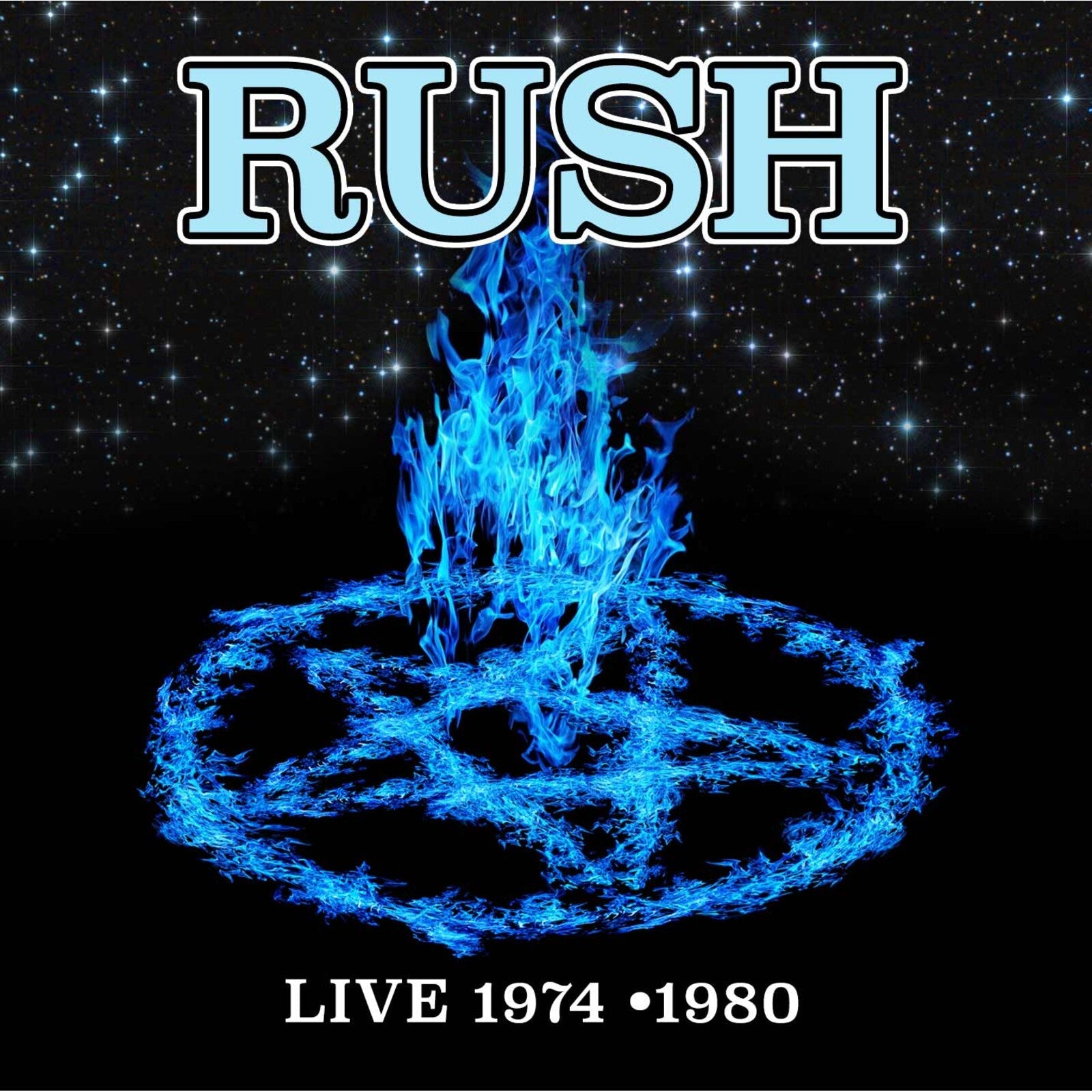 Rush logo above a blue flaming star symbol against a starry black background.