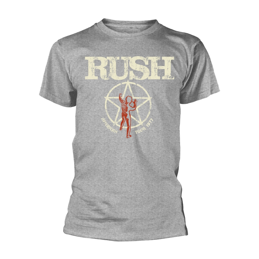 Grey t-shirt with "RUSH" and a star graphic for the 1977 tour.