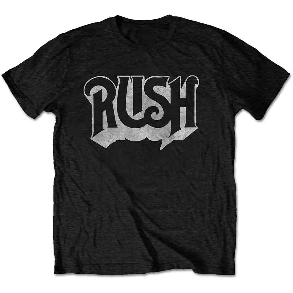Black t-shirt featuring the white Rush band logo centered on the chest.