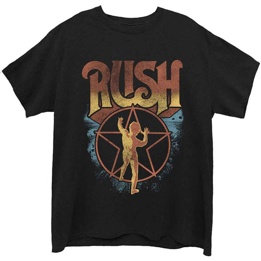 Black RUSH t-shirt with a star and figure graphic on the chest.