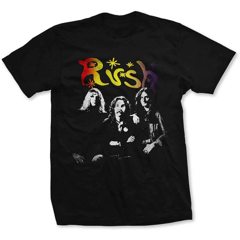 Black Rush t-shirt with colorful band logo and portrait graphic.
