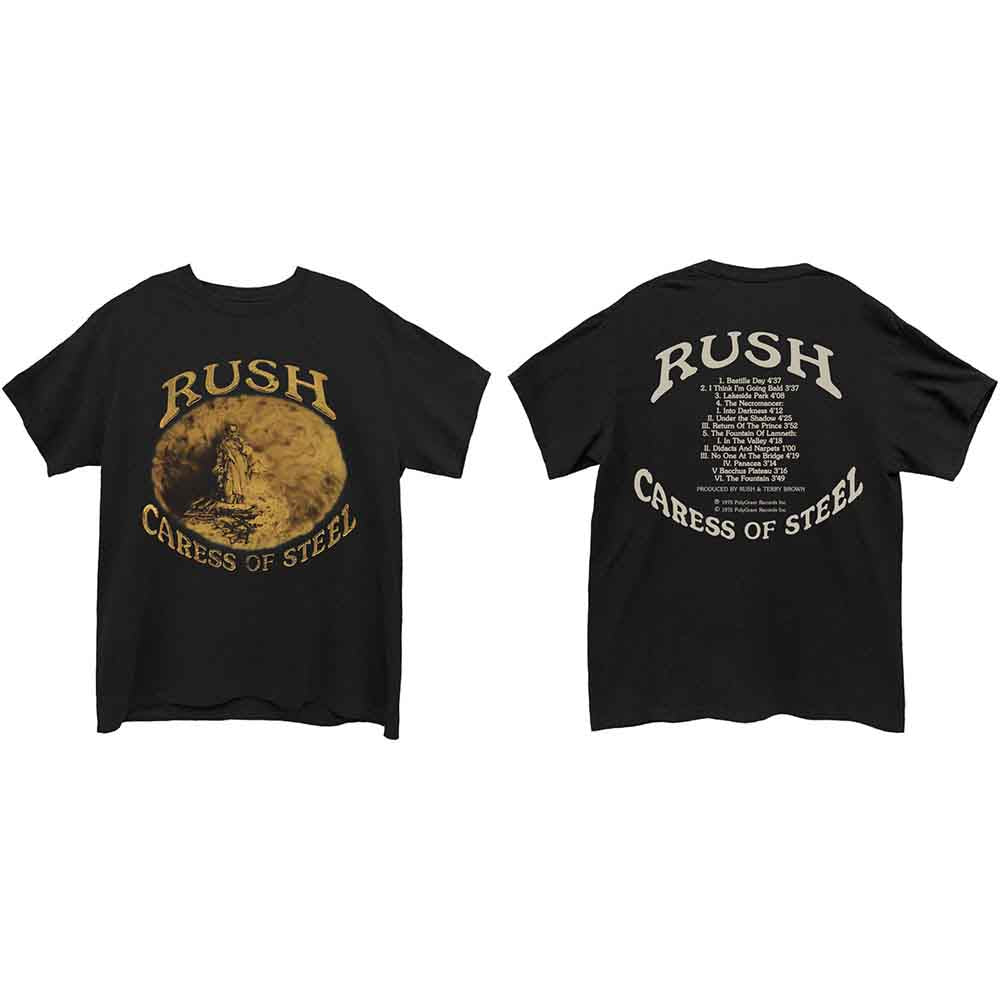Black Rush "Caress of Steel" album-themed t-shirt, front and back view.
