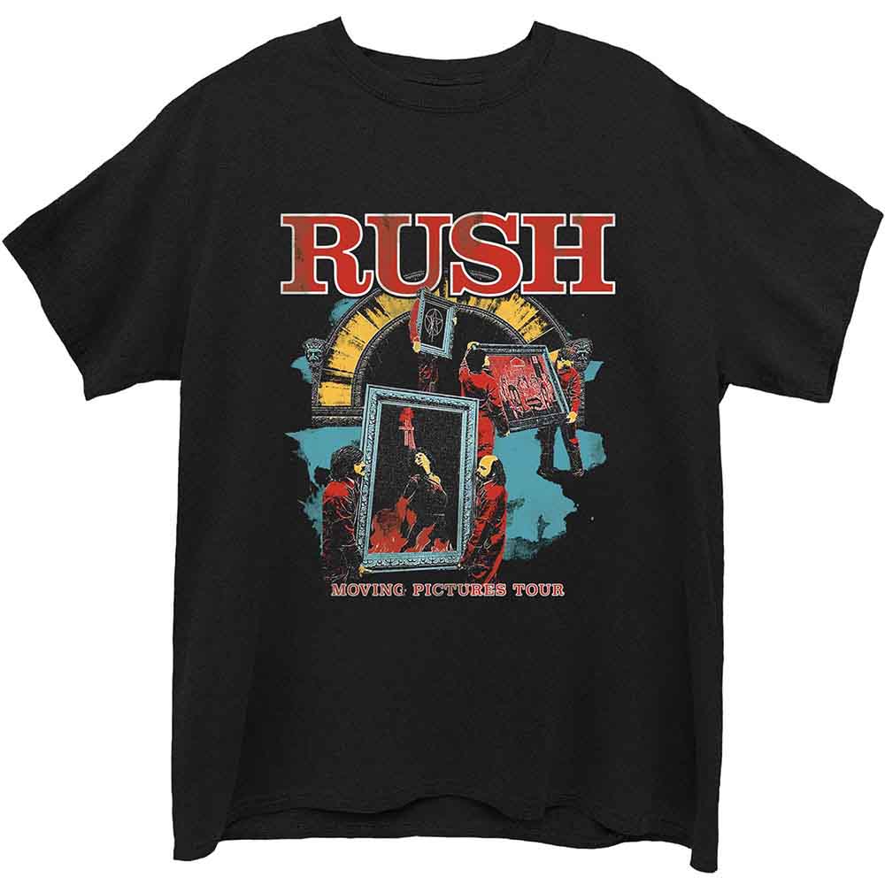 Black t-shirt with a red and blue "Rush Moving Pictures" album art print.