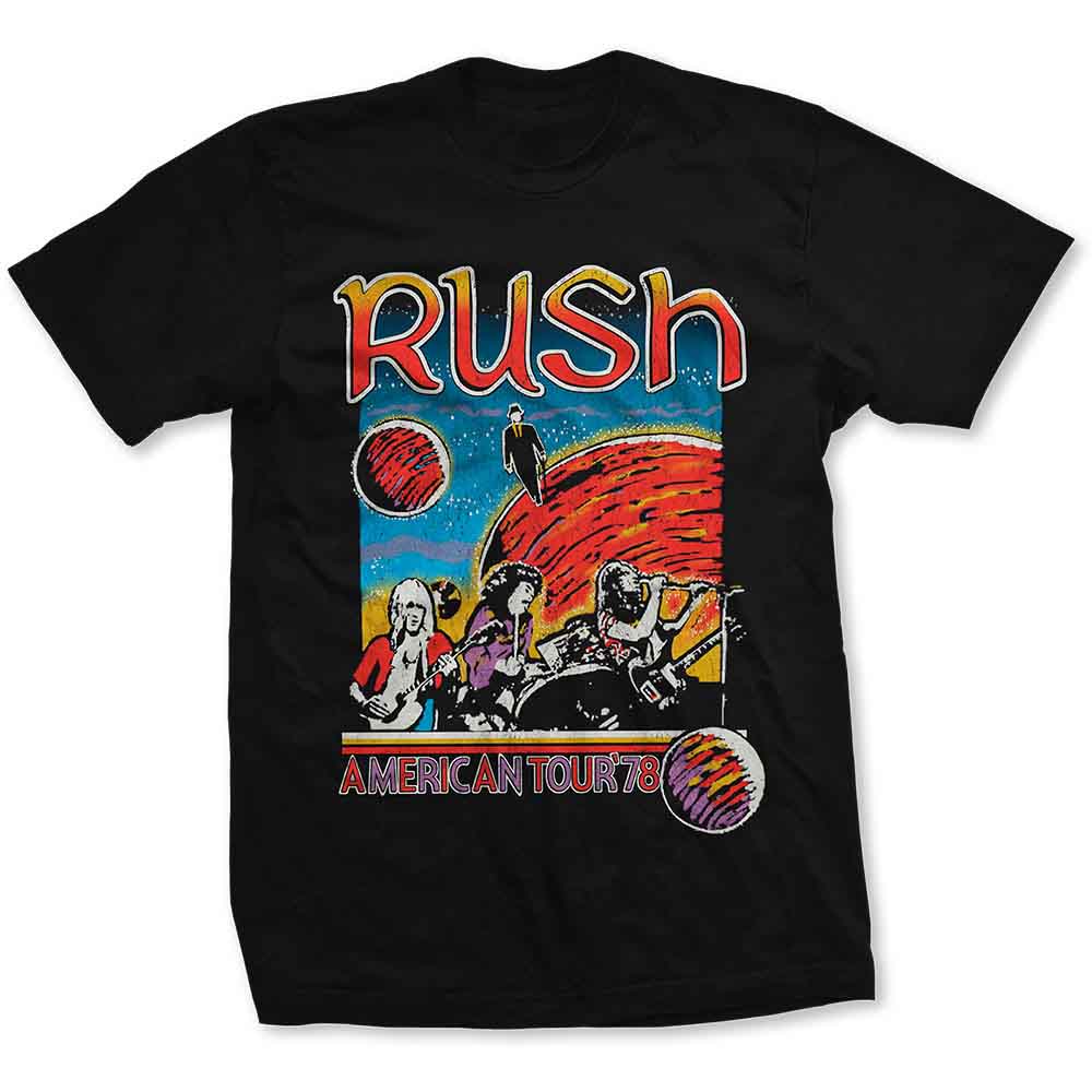 Black t-shirt with a colorful 1978 Rush tour graphic print.
