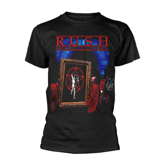 Black t-shirt with album art for Rush’s “Moving Pictures” featuring figures carrying paintings.