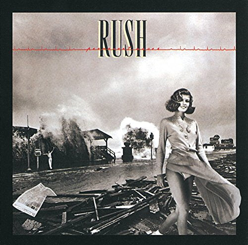 Rush "Permanent Waves" album cover: woman walking amid disaster wreckage.