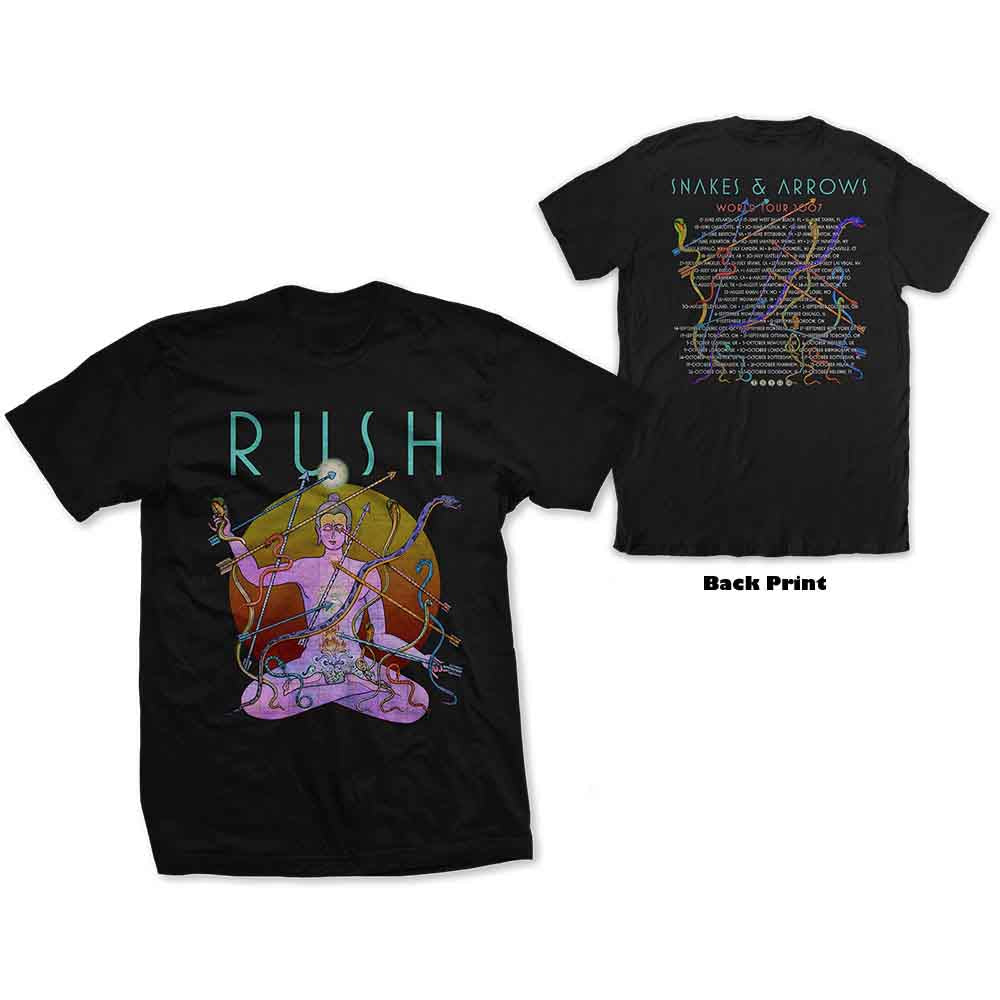 Black Rush concert t-shirt with colorful snake and archer designs, front and back.