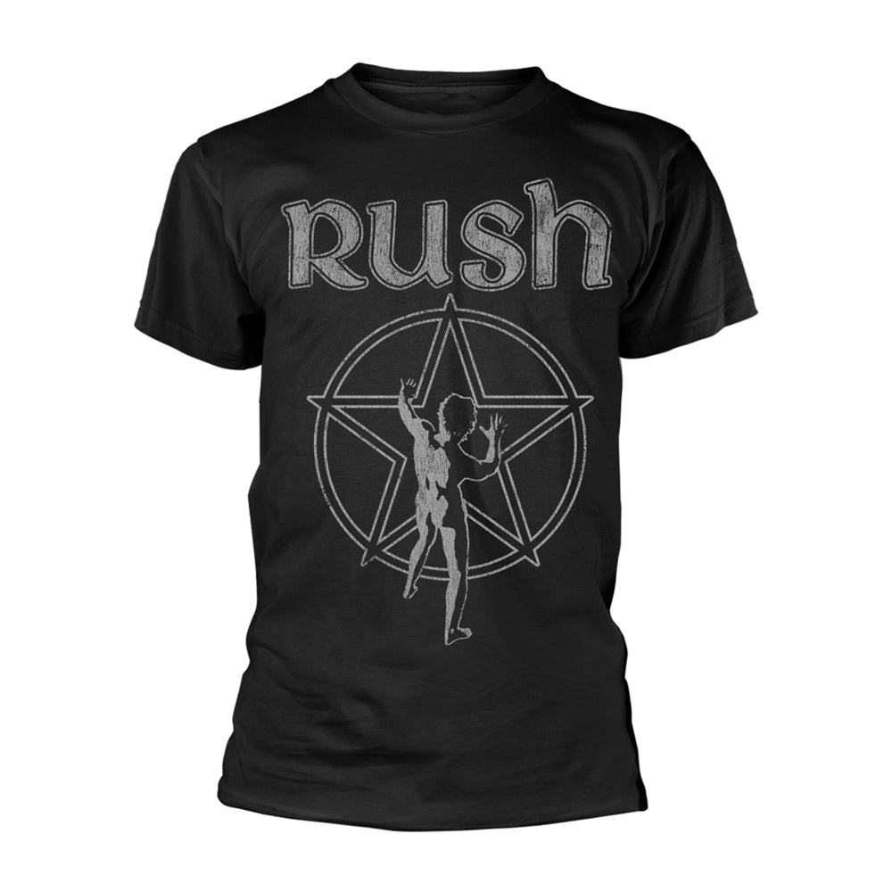 Black t-shirt with white “rush” text and starman graphic.