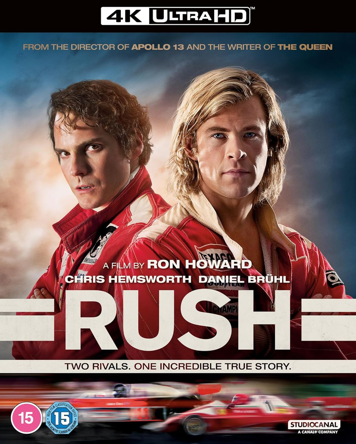 “Rush” Blu-ray cover featuring Chris Hemsworth and Daniel Brühl as race car drivers.
