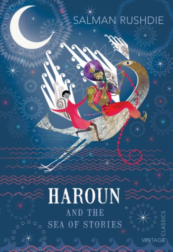Book cover: boy and man riding a peacock under a crescent moon.