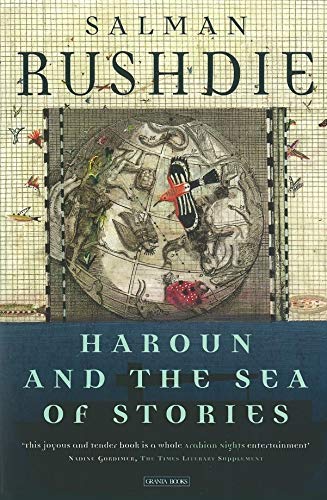 Book cover with illustrated globe and title “Haroun And The Sea Of Stories”.