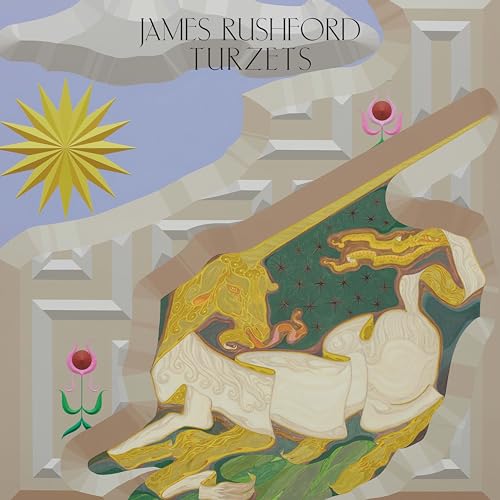 Album cover art featuring a stylized golden creature, a yellow sun, and floral motifs.