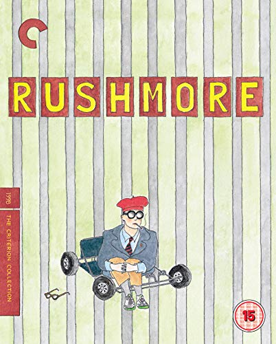 "Blu-ray cover of 'Rushmore' featuring a cartoon man on a go-kart."