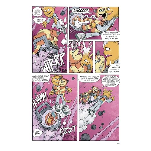 Comic panel showing anthropomorphic cats in spacesuits amidst colorful space debris.