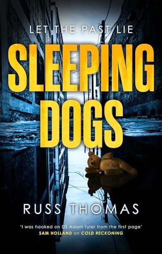 Book cover: “Sleeping Dogs” with a dark alley and teddy bear image.
