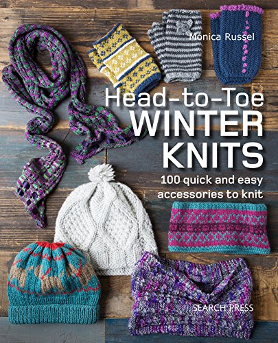 Book cover titled Head-to-Toe Winter Knits featuring various colorful knitted accessories on wooden background.