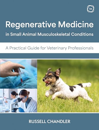 Book cover: veterinary regenerative medicine, dog, syringe, and microscope images.