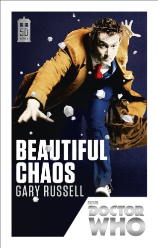 Ninth Doctor mid-air with shattered glass, book cover for “Beautiful Chaos”.