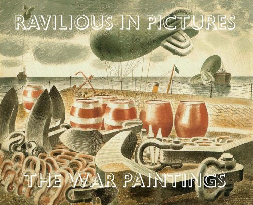 Painting of coastal defenses with airships, barrels, and chains.