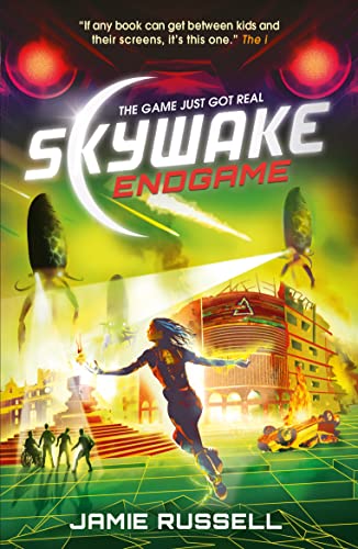 Book cover: "SkyWake Endgame" depicts a girl falling through a futuristic, burning city.