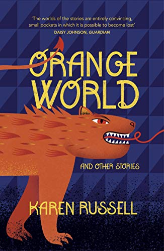 Book cover: "Orange World" with an orange dinosaur and blue geometric background.