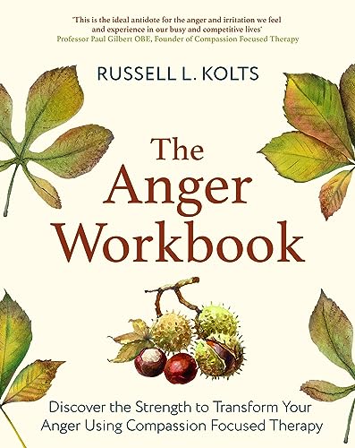 Book cover: "The Anger Workbook" with leaves and fruit illustrations.