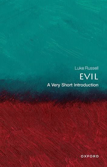 Book cover with teal and red textured background, title “EVIL” in white.