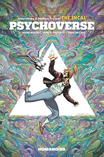Comic book cover: man reaching for a bird within a vibrant, triangular design.