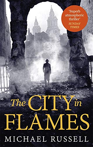 Book cover: man in a ruined, smoky city with flames rising.