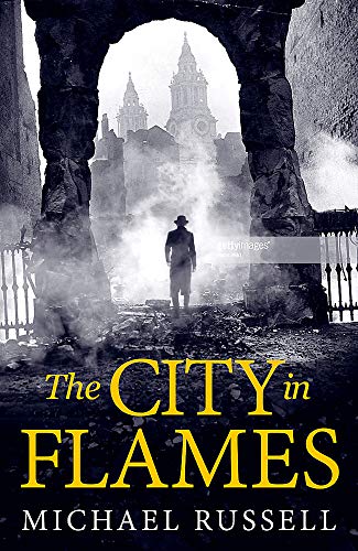 Book cover: man stands amidst ruins of a burning city.
