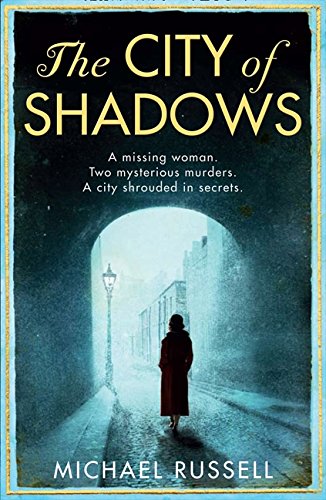 Book cover: dark city street scene, woman viewed from behind.