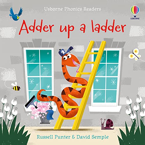 An orange snake wearing a cap climbs a yellow ladder in front of a house.