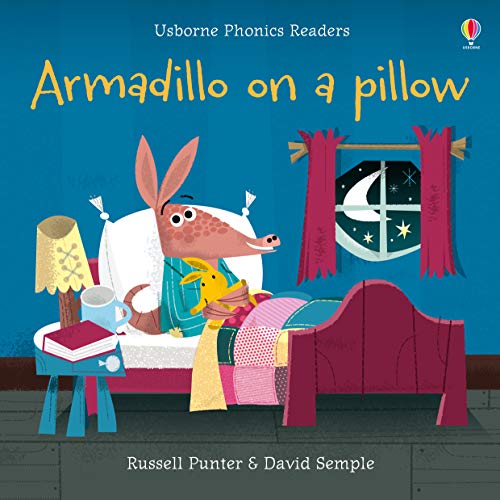 Armadillo reading in bed with a lamp, book, and crescent moon.