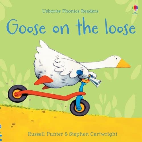 Book cover: a white goose riding a red tricycle on green grass.