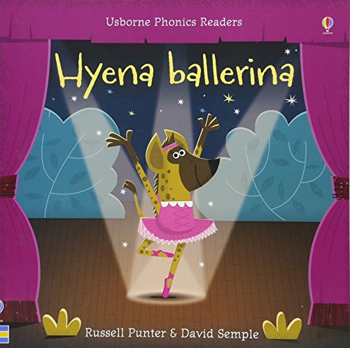 Hyena in pink tutu dances on stage with spotlight beams.