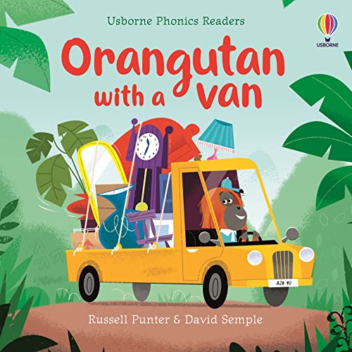 Orangutan driving a yellow van filled with colorful household objects.