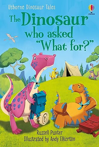Colorful dinosaur book cover with a pink dinosaur and green landscape.