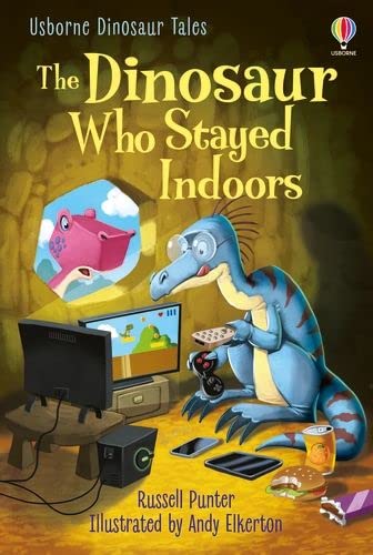 Blue dinosaur playing video games indoors, book cover illustration.