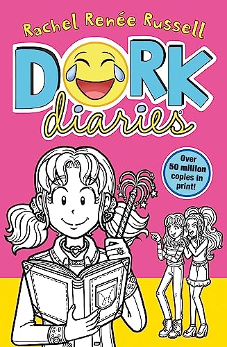 Book cover for Dork Diaries featuring a girl holding a diary with two friends.