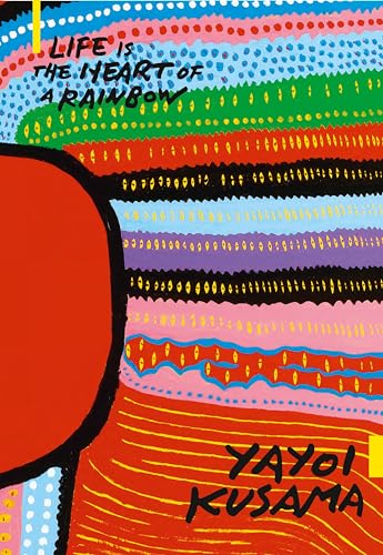 Book cover with colorful horizontal stripes, patterns, and hand-written title text by Yayoi Kusama.