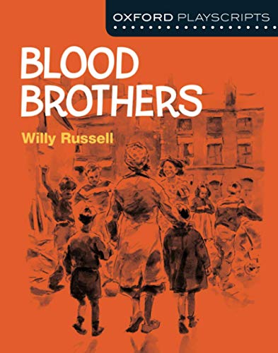 Cover of "Blood Brothers" playscript by Willy Russell, with illustrated figures.