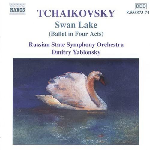 CD cover for Tchaikovsky’s Swan Lake featuring a white swan on water.