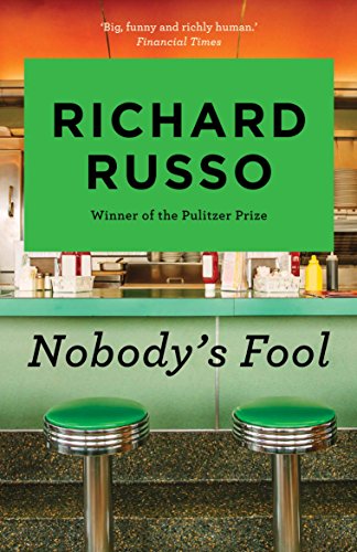 Book cover: "Nobody's Fool" by Richard Russo, diner counter and stools.