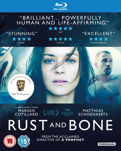 Blu-ray cover for "Rust and Bone" featuring Marion Cotillard and Matthias Schoenaerts.
