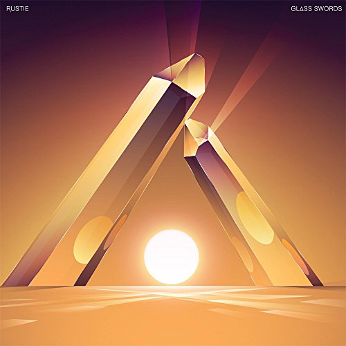 Two large, glowing crystal shards form an arch over a bright sun on horizon.