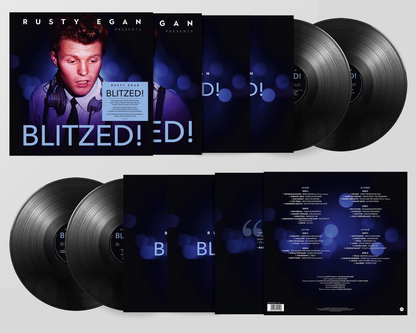 A four-LP vinyl box set featuring Rusty Egan, including sleeves and track listings.