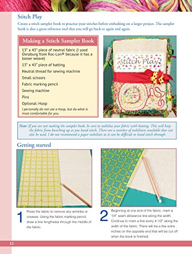 Open book page displaying colorful hand-stitched fabric sampler and sewing instructions.